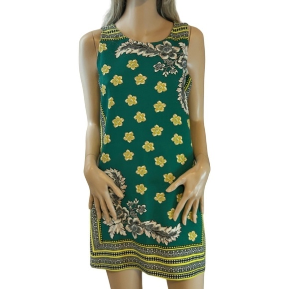 ZARA Shift Dress Pretty Batik Pattern Green Psychedelic Floral Sleeveless S/M - Picture 3 of 16